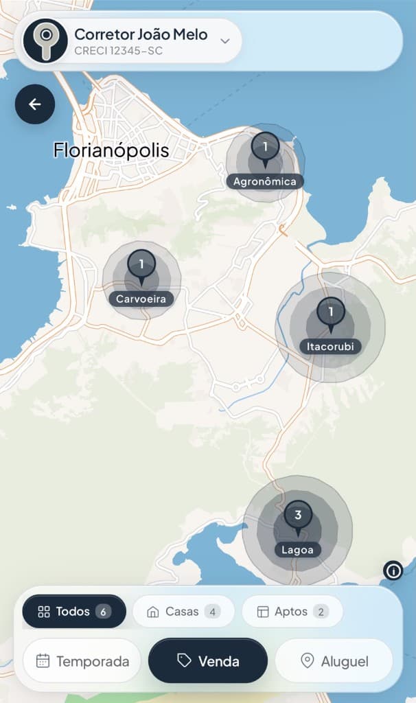 Mapa GetPins no app — filtros e imóveis por região