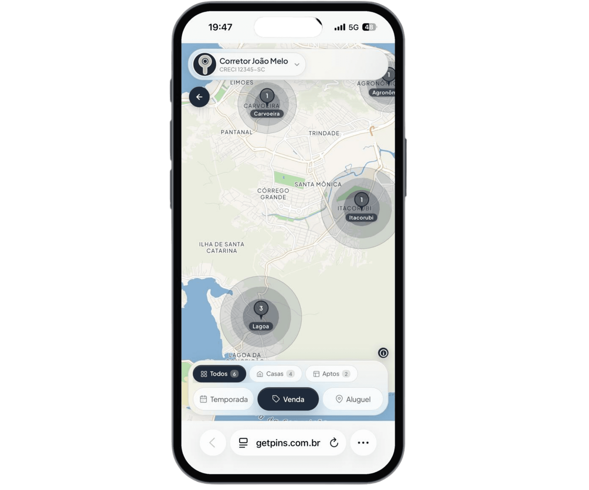 Vitrine GetPins — perfil, redes sociais e mapa